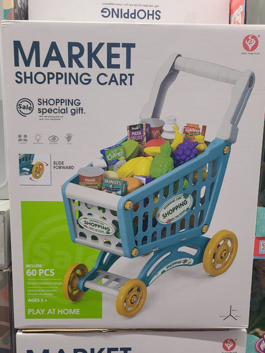 60 Pcs Toddler Shopping Cart Playset – Pretend Play Grocery Trolley with Food & Accessories UAE