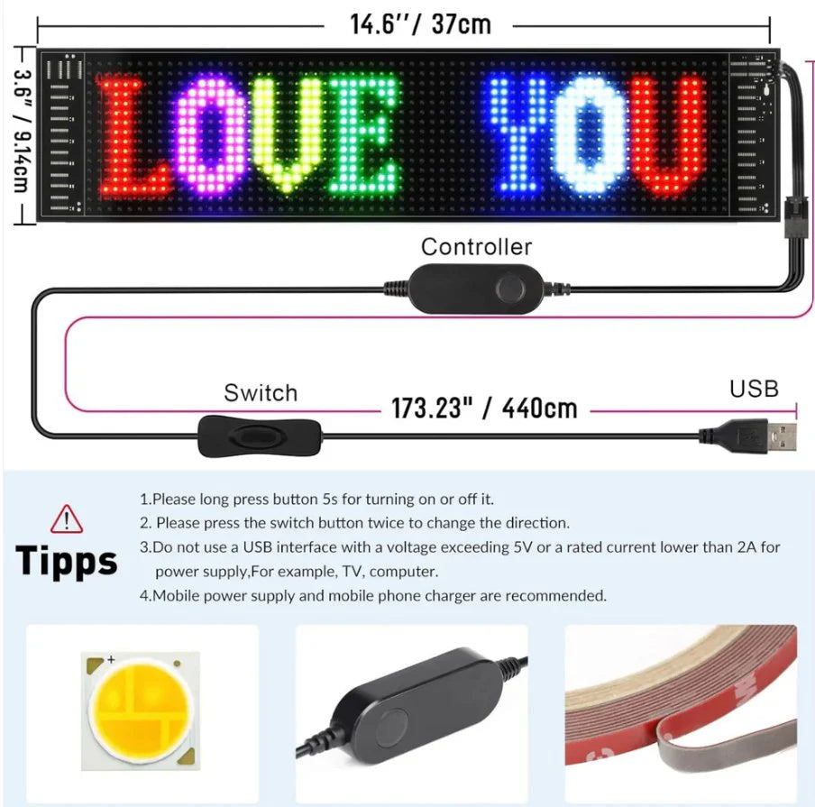 شاشة عرض LED للسيارة - لوحة إعلانات بلوتوث مخصصة | تعمل بمنفذ USB، مقاومة للماء، ويمكن التحكم بها عبر تطبيق