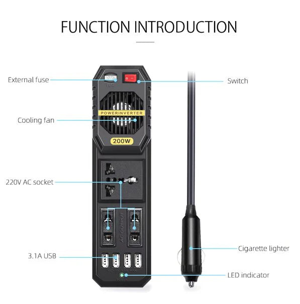 محول طاقة صغير للسيارة بقوة ٢٠٠ واط - منفذ USB مزدوج ومقبس تيار متردد | محول شاحن للرحلات البرية في الإمارات العربية المتحدة
