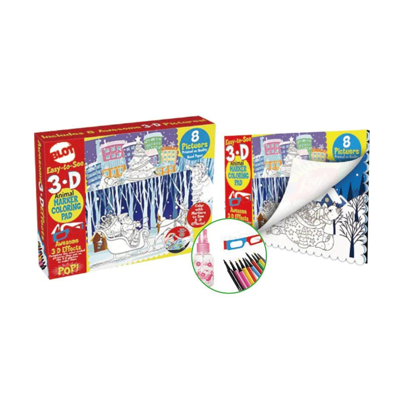 3D Animal Marker Coloring Set for Kids – Art Kit with 8 Pictures, Pens, 3D Glasses & Spray Bottle