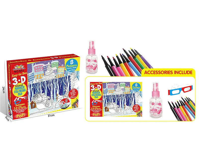 3D Animal Marker Coloring Set for Kids – Art Kit with 8 Pictures, Pens, 3D Glasses & Spray Bottle