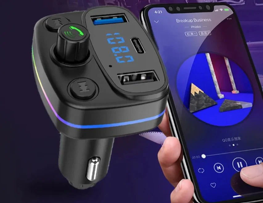 مشغل MP3 وجهاز إرسال FM للسيارة بتقنية البلوتوث - منفذا USB وType-C، مع خاصية حر اليدين، وتعزيز الجهير، وإضاءة RGB