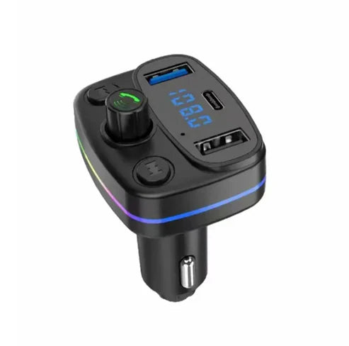 مشغل MP3 وجهاز إرسال FM للسيارة بتقنية البلوتوث - منفذا USB وType-C، مع خاصية حر اليدين، وتعزيز الجهير، وإضاءة RGB