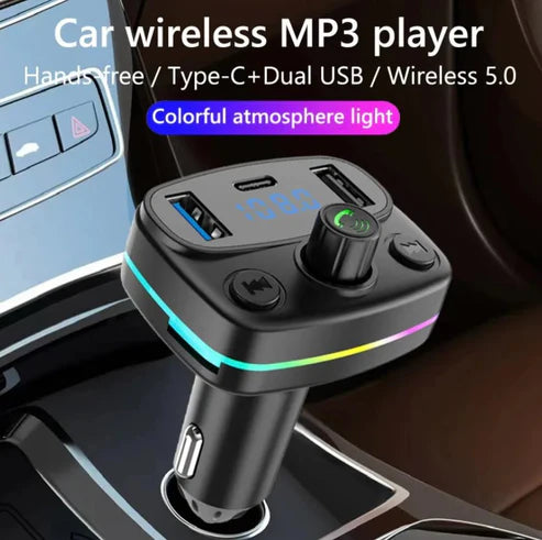 مشغل MP3 وجهاز إرسال FM للسيارة بتقنية البلوتوث - منفذا USB وType-C، مع خاصية حر اليدين، وتعزيز الجهير، وإضاءة RGB
