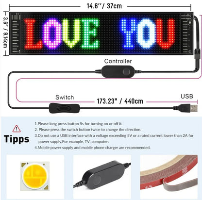 شاشة عرض LED للسيارة - لوحة إعلانات بلوتوث مخصصة | تعمل بمنفذ USB، مقاومة للماء، ويمكن التحكم بها عبر تطبيق
