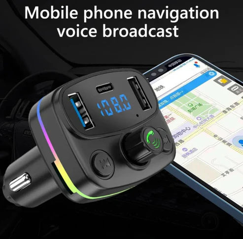 مشغل MP3 وجهاز إرسال FM للسيارة بتقنية البلوتوث - منفذا USB وType-C، مع خاصية حر اليدين، وتعزيز الجهير، وإضاءة RGB