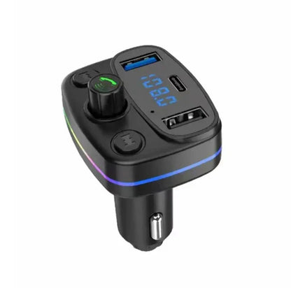 مشغل MP3 وجهاز إرسال FM للسيارة بتقنية البلوتوث - منفذا USB وType-C، مع خاصية حر اليدين، وتعزيز الجهير، وإضاءة RGB